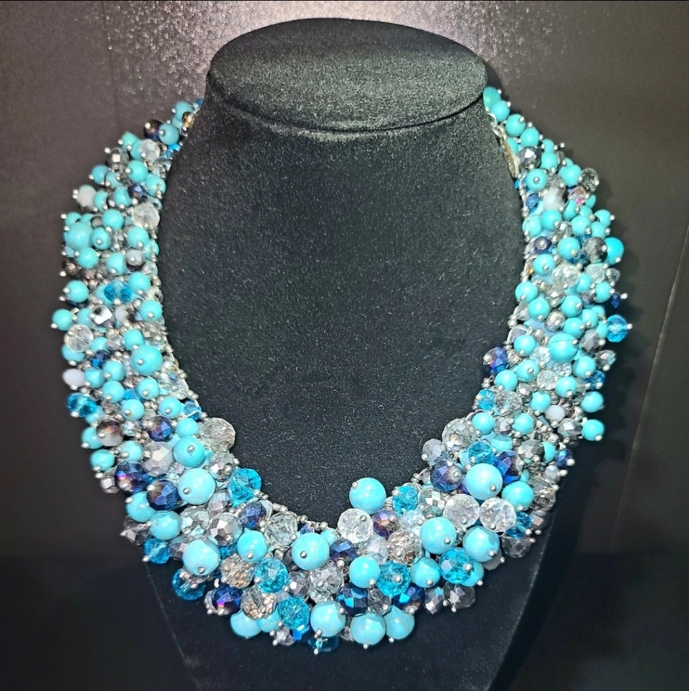 Teal statement beaded necklace